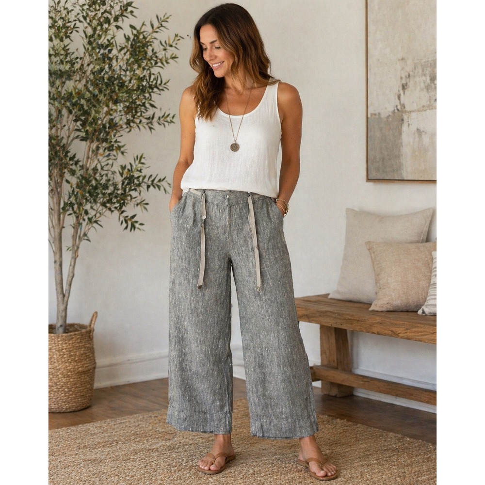 Chicos Women  Linen Blend Wide Leg Crop Pants Sz US 10 Elastic Waist Relaxed